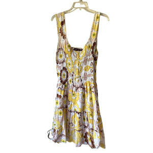 Speed Control Medium Floral Sundress 100% Cotton White Brown And Yellow Flowers
